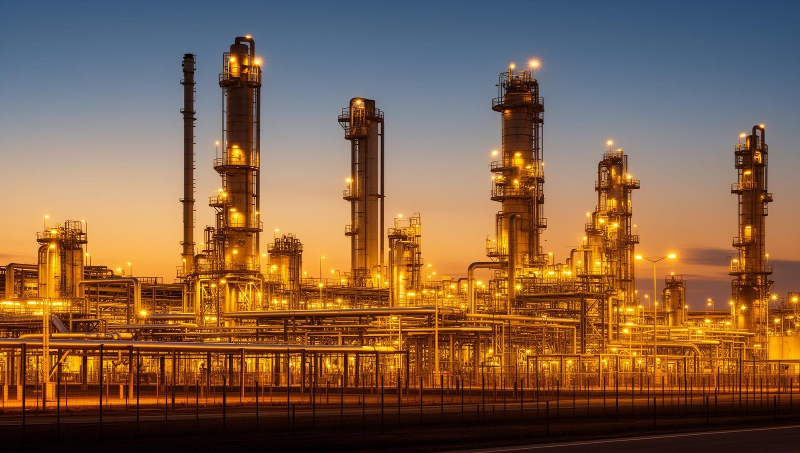 Oil refinery towers illuminated at dusk — energy commodities