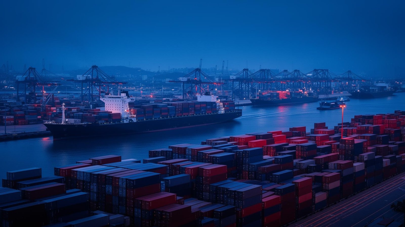 Container ships and gantry cranes at a commodity port at dusk