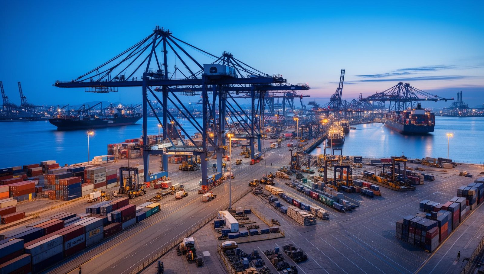 Container terminal with cranes and stacked cargo — international logistics